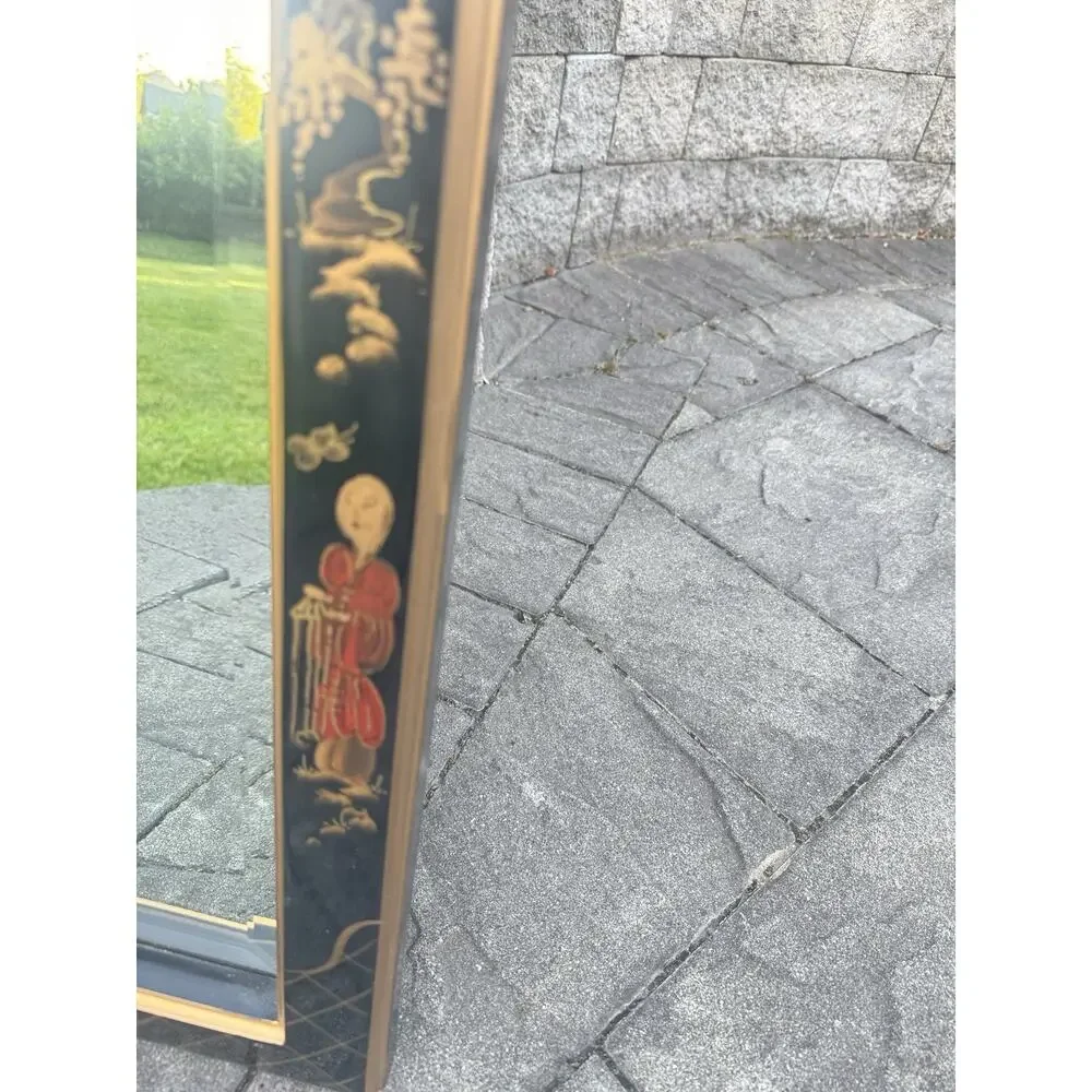 Chinoiserie Black Lacquer Mirror Gold Asian Pagoda Beveled Wall Mirror 43x25”